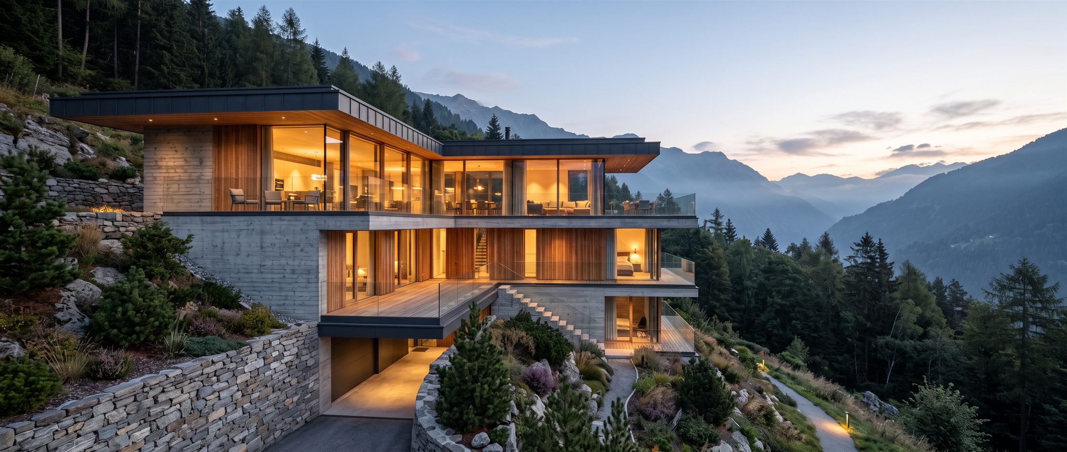 AURELIA-designed concrete and timber villa terraced into a Ticino hillside at twilight