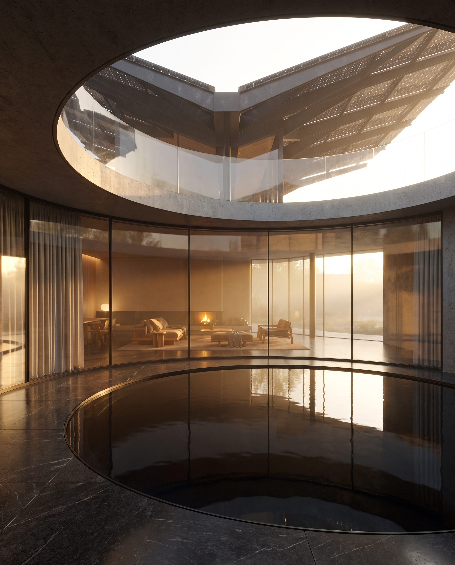 Inside the circular courtyard atrium of Nexus Pavilion, looking across the reflecting pool