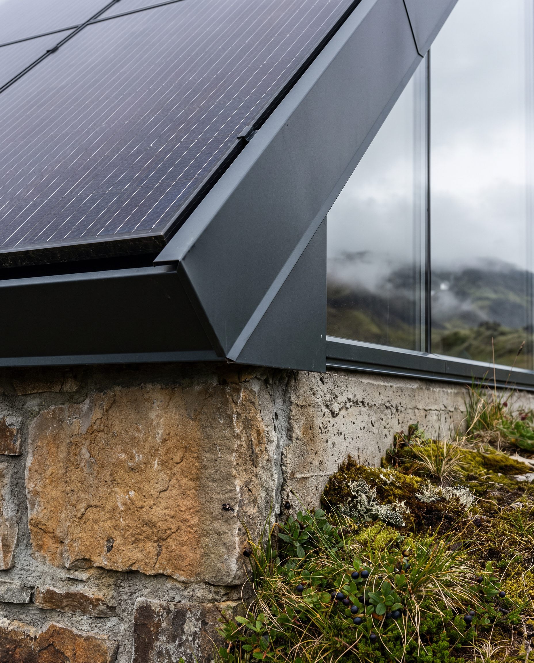Detail where the photovoltaic canopy meets the stone facade of Nexus Pavilion