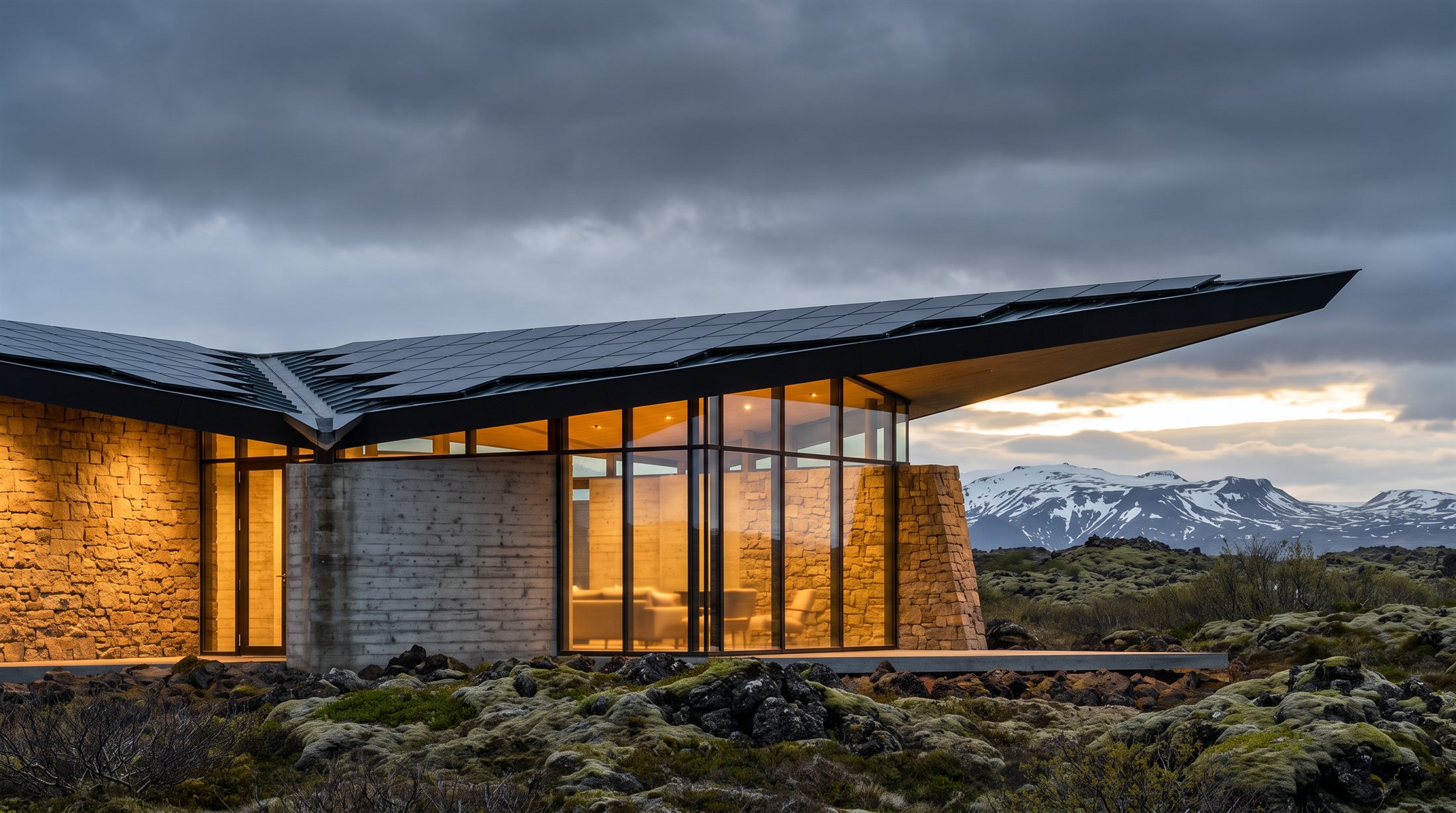 Nexus Pavilion at twilight, a tapered wing with a folded photovoltaic canopy cantilevering overhead